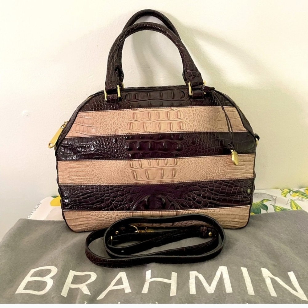 EUC  BRAHMIN Hudson Leather Satchel Bag Brown/Beige Luxury Statement Bag✨️💐💖
